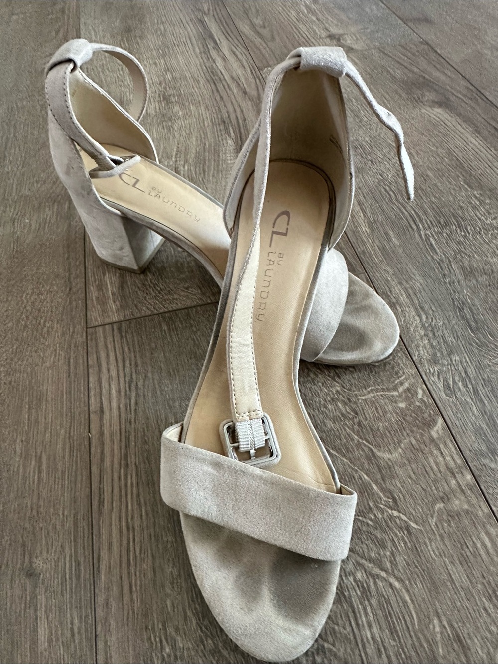 CL by Laundry Light Beige Suede Block Heel Sandals with Ankle Tie